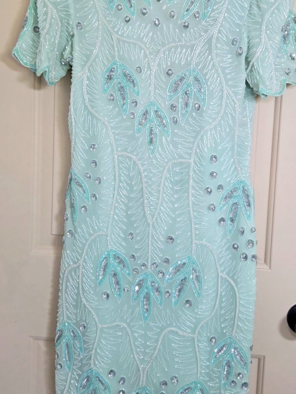 Vintage 90's Leslie Fay Sequin & Pearl Beaded Midi Sheath Silk Dress Sz 12